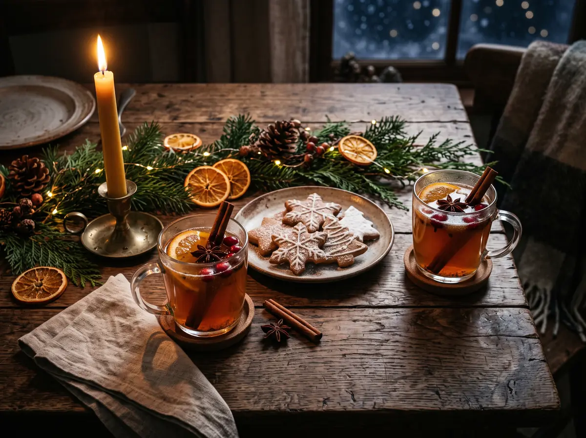 Two glass mugs of mulled cider with cinnamon sticks, a plate of gingerbread and a lit candle on a wooden table with pine sprigs.