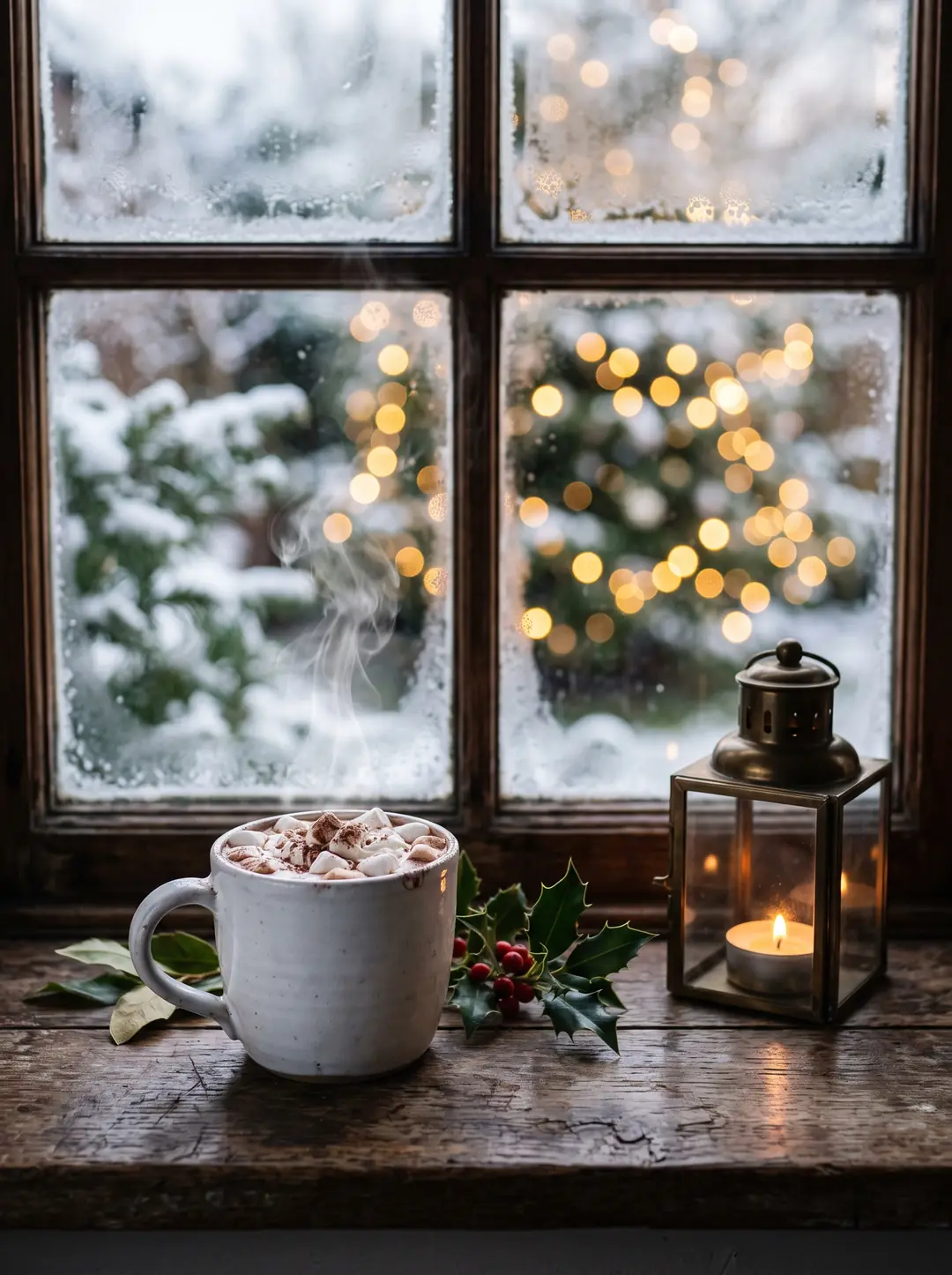 A white mug of hot cocoa with marshmallows on a wooden windowsill beside holly and a candle lantern, with blurred lights beyond a frosted window.