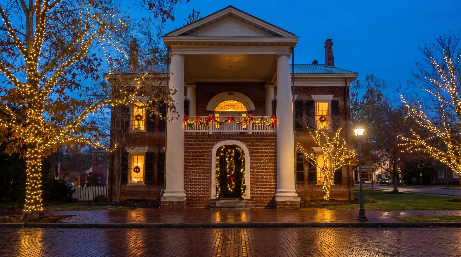 Evening illustration of the red-brick 1836 courthouse on Dahlonega's square with lit garland on its balcony, glowing windows and trees wrapped in white lights.