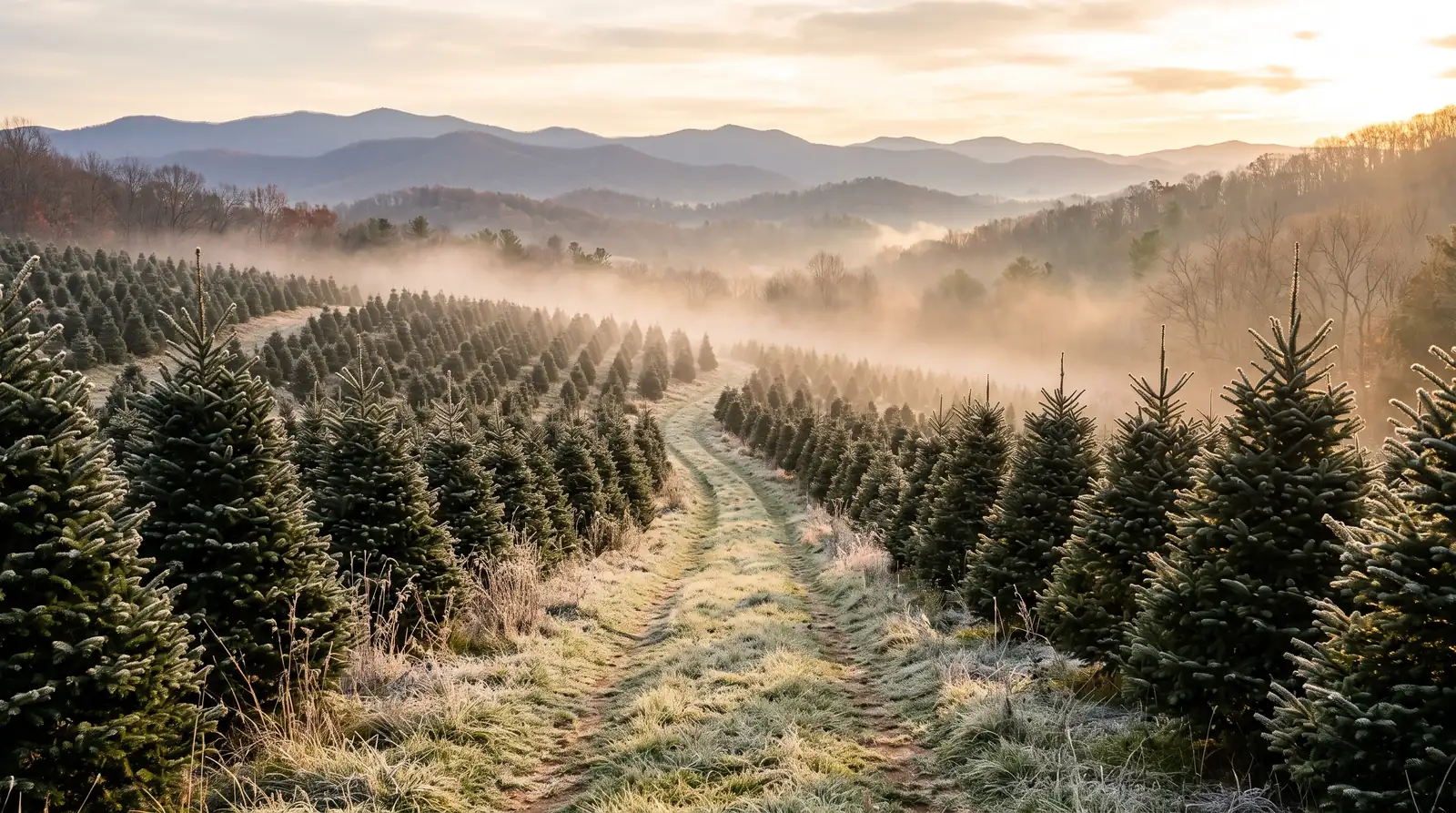 A grassy lane between rows of Christmas trees on a misty hillside at sunrise, with blue mountain ridges beyond.