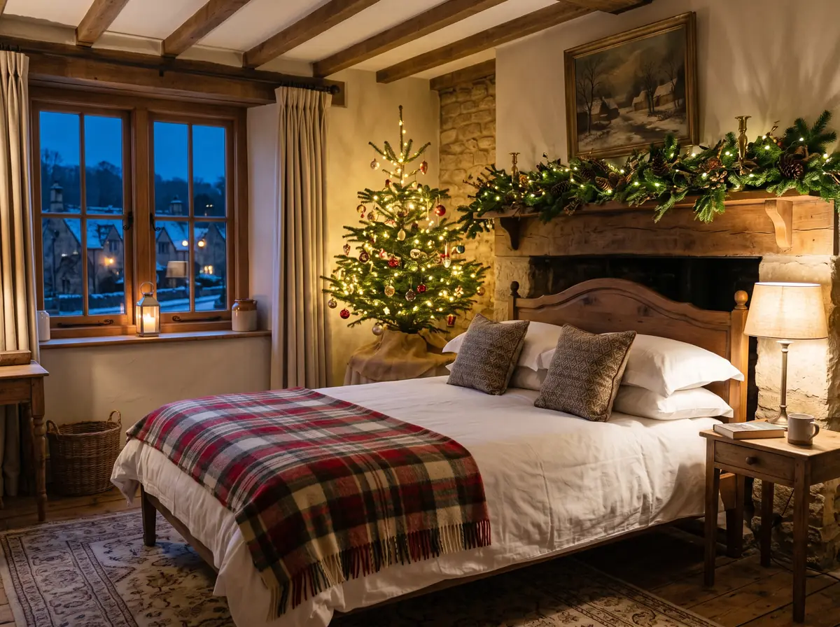 A guest bedroom with white linen and a red plaid throw, a small lit Christmas tree and garland on the mantel, at dusk.