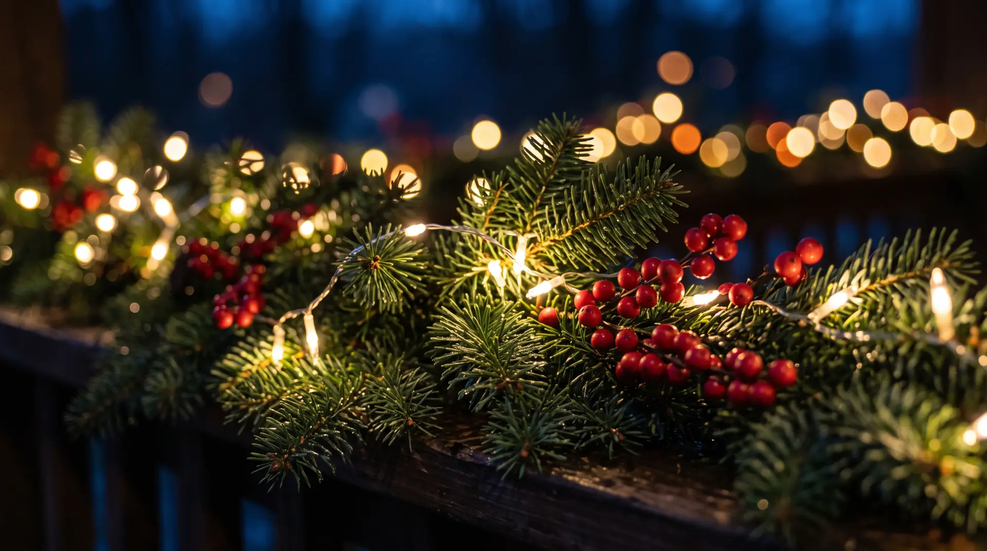 Warm white string lights woven through a fir garland with red berries, with soft golden light blurred behind.