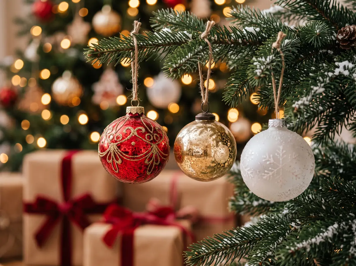 Red, gold and white glass ornaments hanging on a fir branch with wrapped gifts blurred behind.