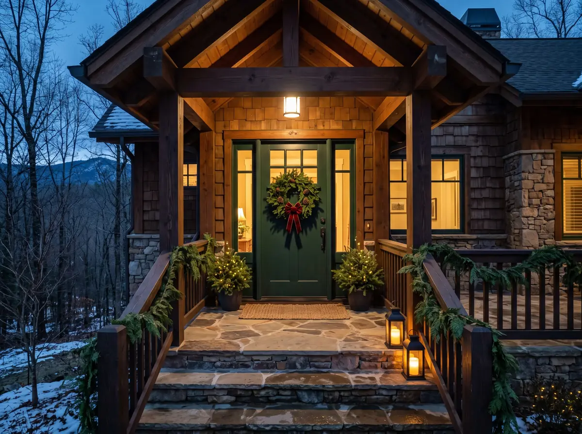A timber porch at dusk with a wreath on a green front door, lit lanterns on stone steps and garland along the railing.