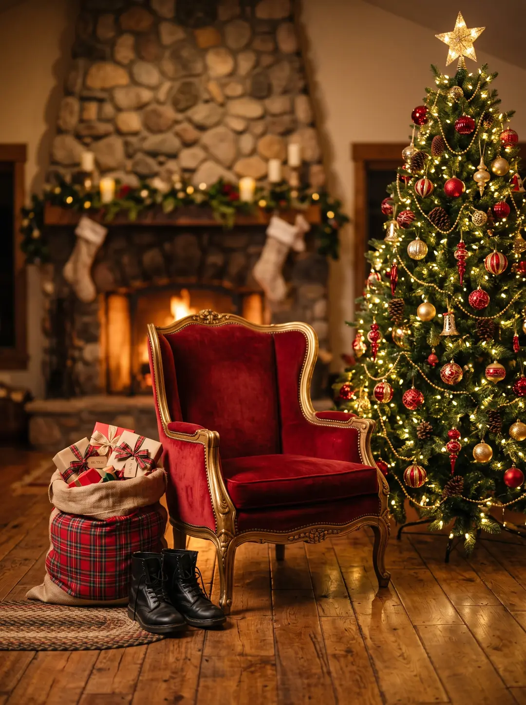 An empty red velvet armchair beside a decorated Christmas tree and a stone fireplace, with black boots and a sack of gifts on the floor.